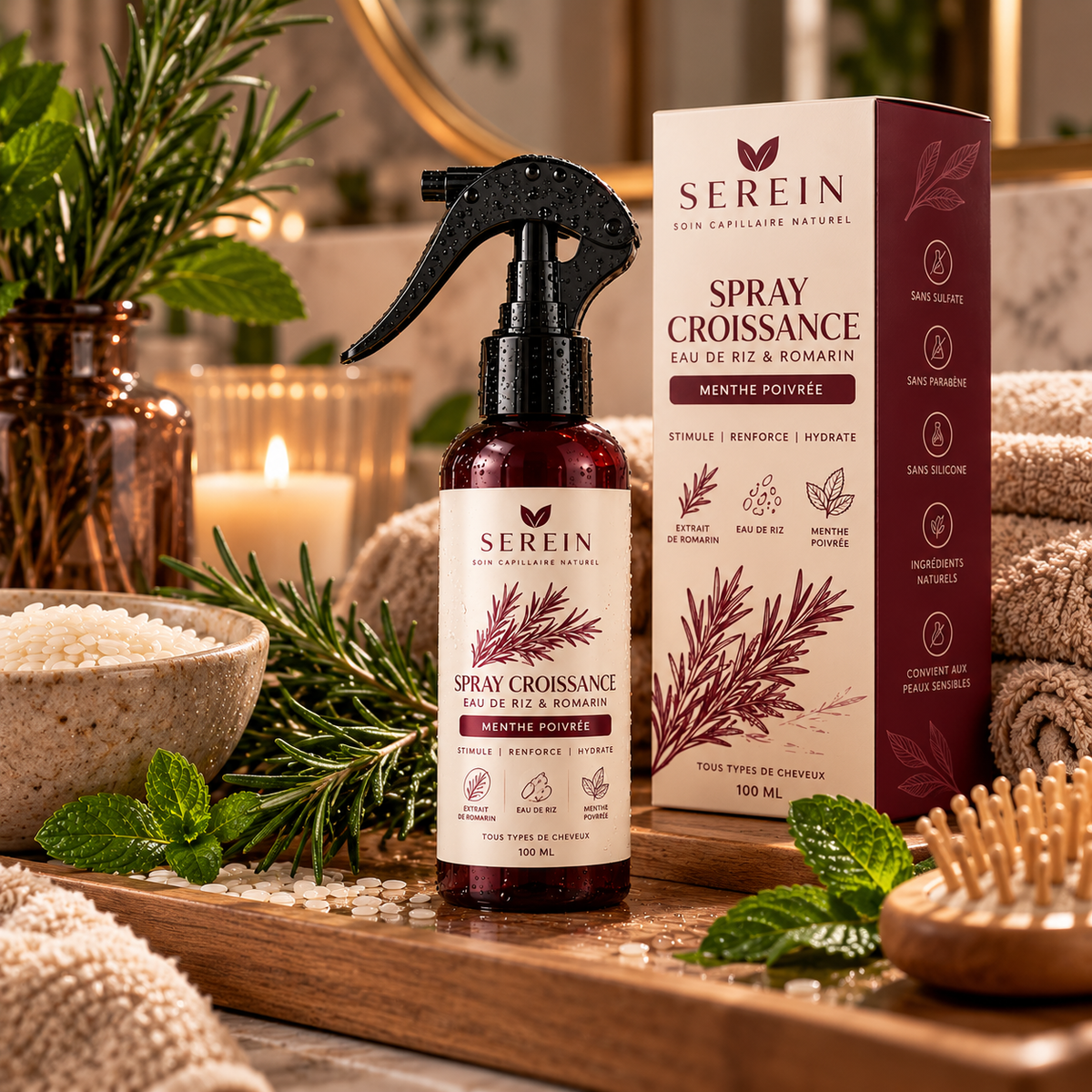 Spray Croissance — Eau de Riz, Romarin & Menthe Poivrée